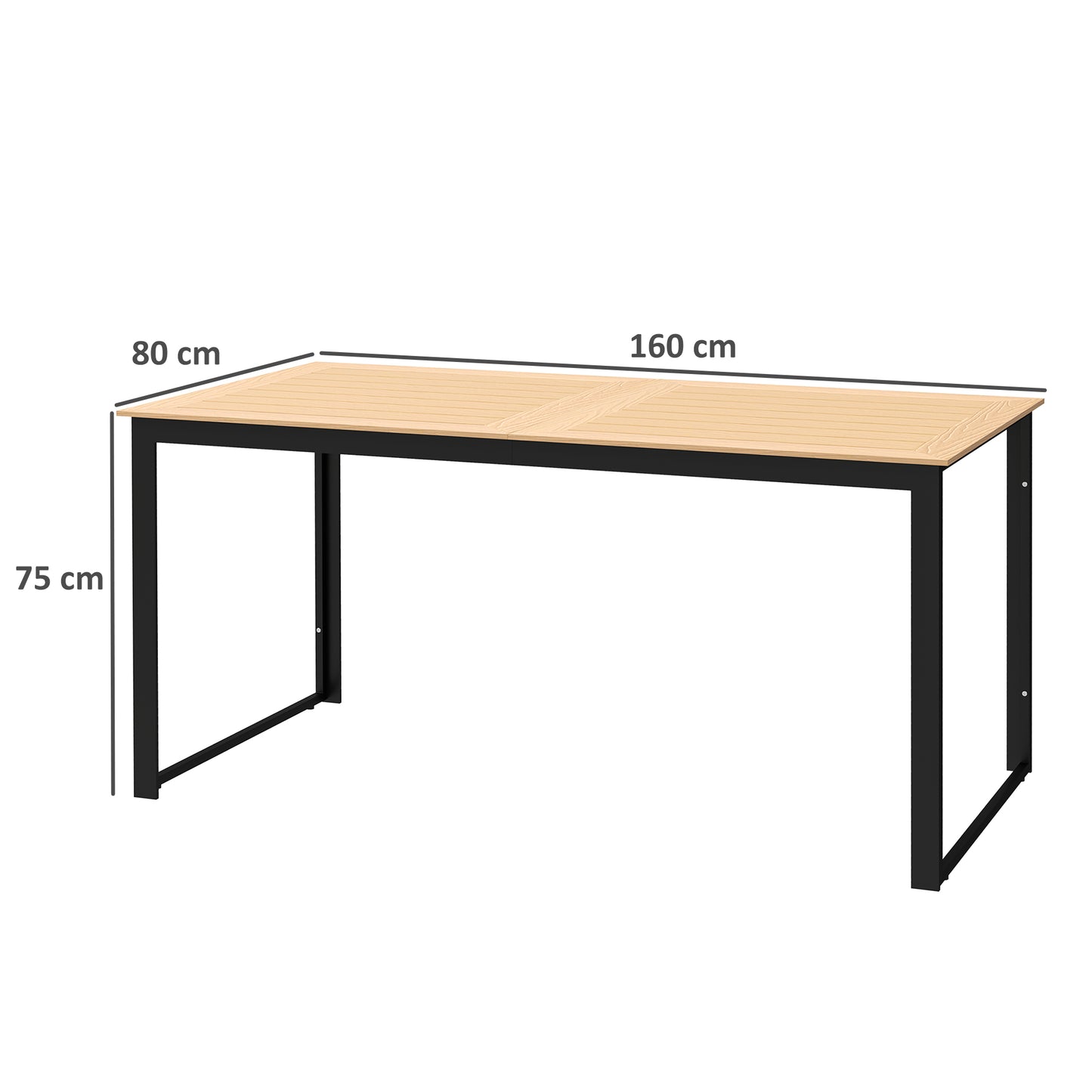 Garden Table for 6 People, 160 x 80 x 75 cm Rectangle Outdoor Dining Table with Slatted Top, Metal Frame, for Balcony, Deck