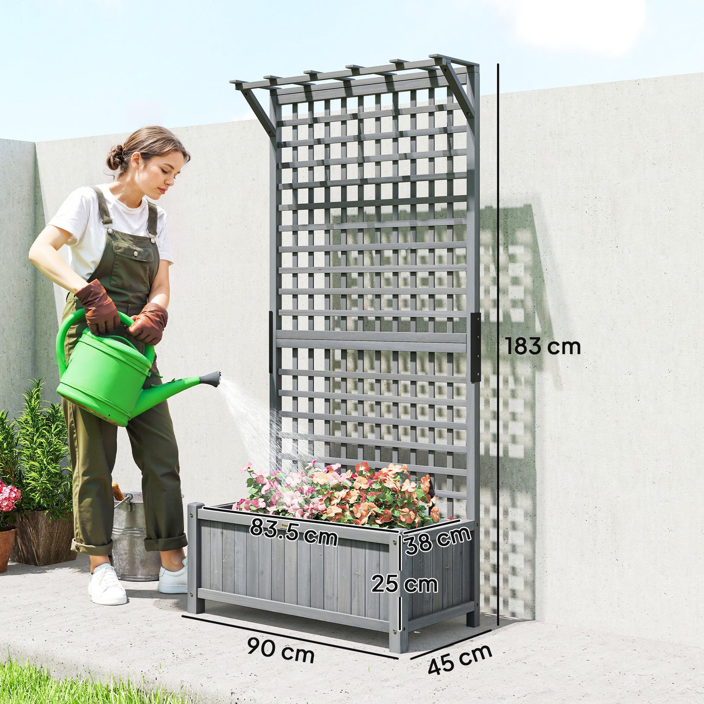 Raised Bed with Drainage Holes, Wood Planter with Trellis for Climbing Plants, Dark Grey
