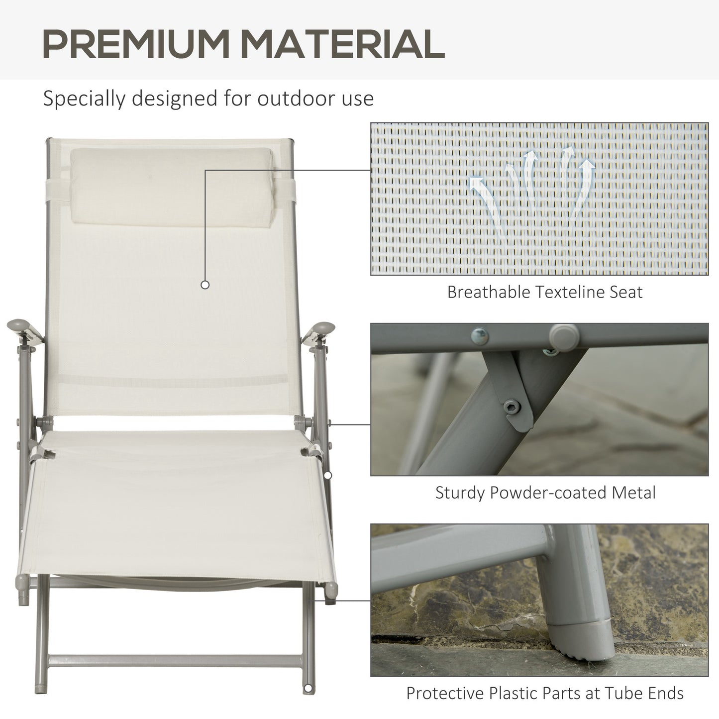 Sun Lounger Steel Frame Outdoor Folding Chaise Texteline Lounge Chair Recliner with Headrest & 7 Levels Adjustable Backrest