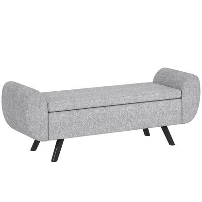 Storage Ottoman with Armrest, Window Seat, Upholstered Linen Storage Bench with Rubberwood Legs