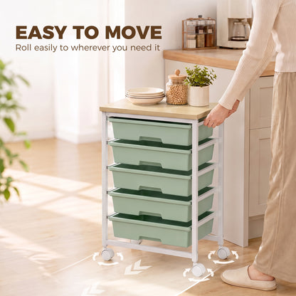 6-Tier Storage Trolley on Wheels, Metal Kitchen Rolling Cart with 5 Pull-Out Drawers, Green