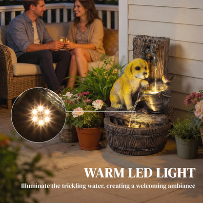 Garden Water Feature with 3-Tier Rustic Puppy Design, Freestanding Resin with LED Lights, Adjustable Flow, Rustic Brown