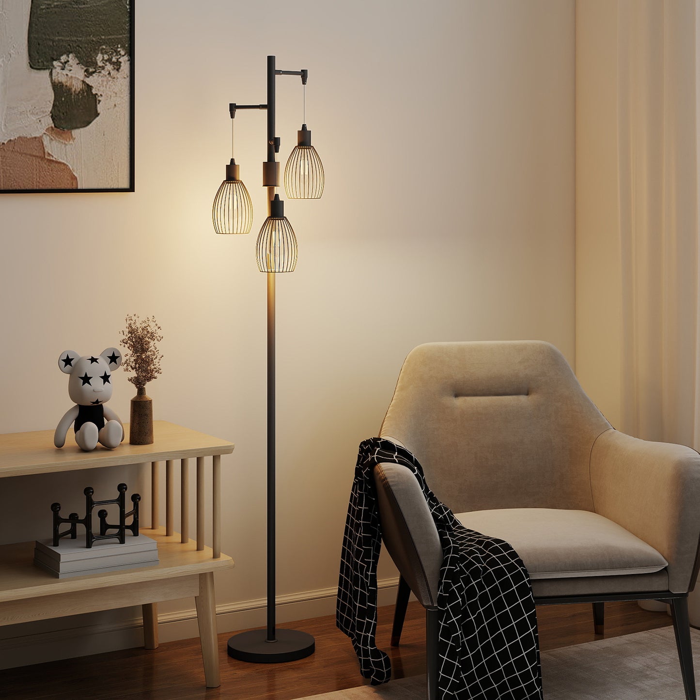 3-Light LED Floor Lamp, 170cm Industrial Dimmable Standing Lamp with Steel Wire Cage Lampshades, 2700K for Living Room