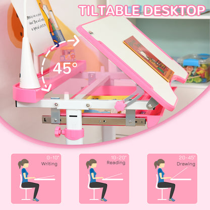 Kids Study Desk and Chair Set w/ Adjustable Height, Storage, Drawer, Pink