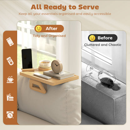 Anti-Slip Sofa Armrest Tray, Bamboo Sofa Arm Tray with 360° Phone Holder and Removable Cup Holder, Natural