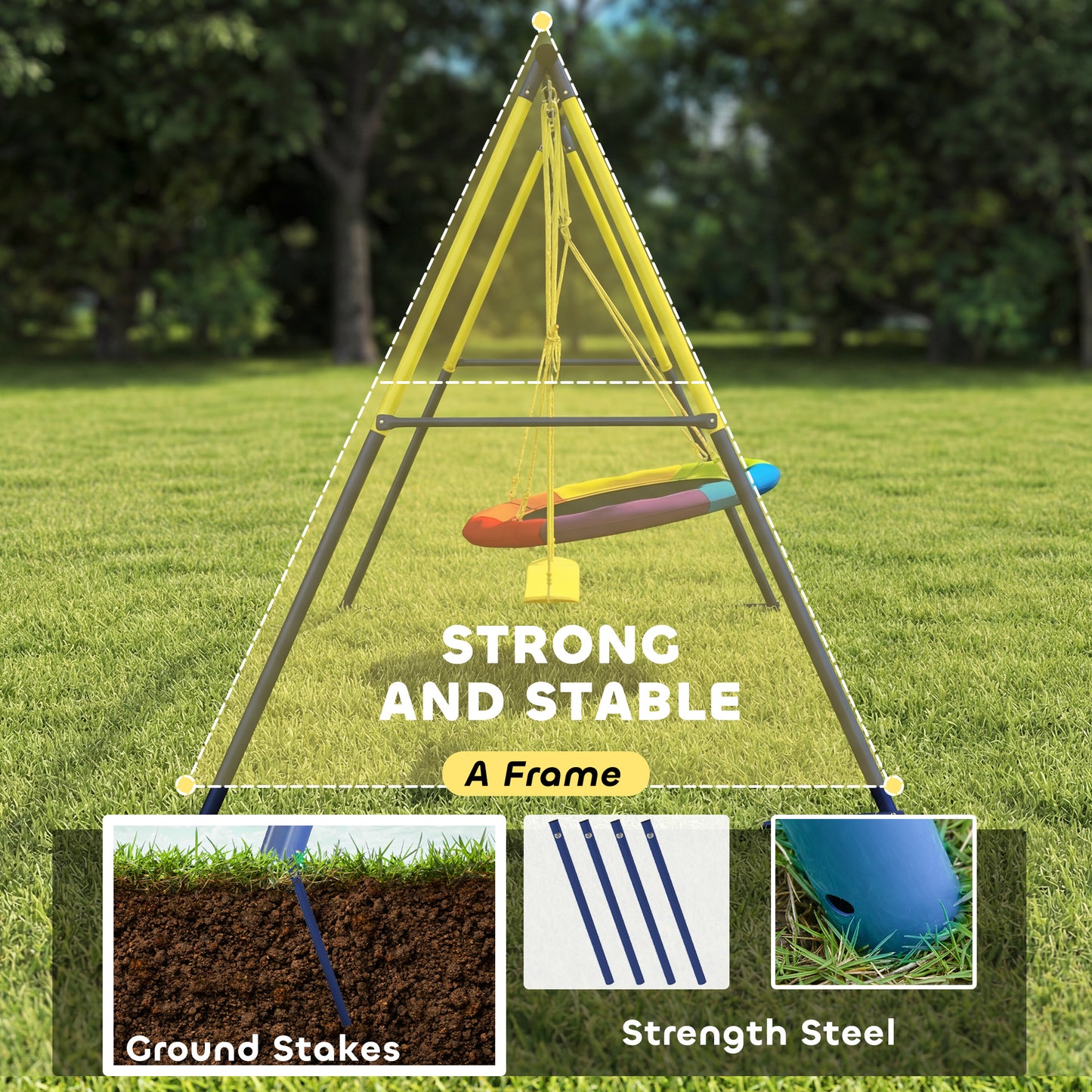 Kids Swing Set with Double Swings, Outdoor Playset with Adjustable Ropes, Metal Frame for Ages 3-8, 150kg Capacity
