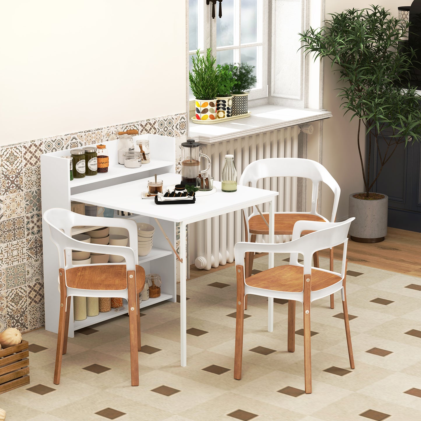 Kitchen Table, Folding Dining Table, with 4-Tier Shelves, Modern Drop-Leaf Table, White