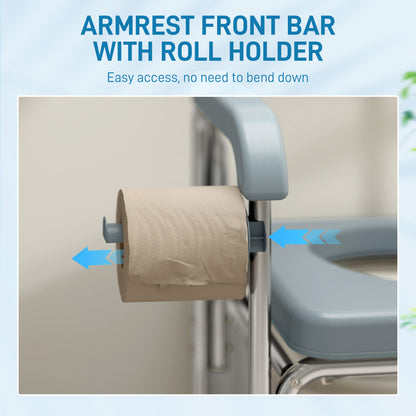 Rolling Shower Wheelchair for Seniors, Bedside Commode Chair with Locking Wheels, Seat, Backrest, Arms, Grey
