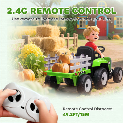 Ride On Tractor, Battery Powered Electric Car, with Detachable Trailer, Remote Control, Music - Green