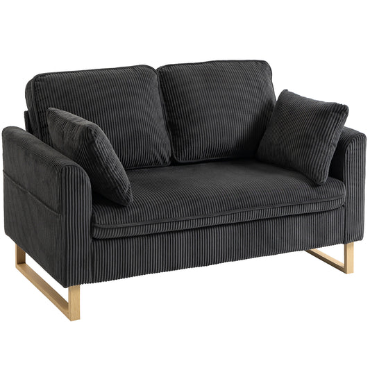 2 Seater Sofa, 140 cm Loveseat Sofa with Spring Cushions, Metal Legs, 2 Pillows, Dark Grey