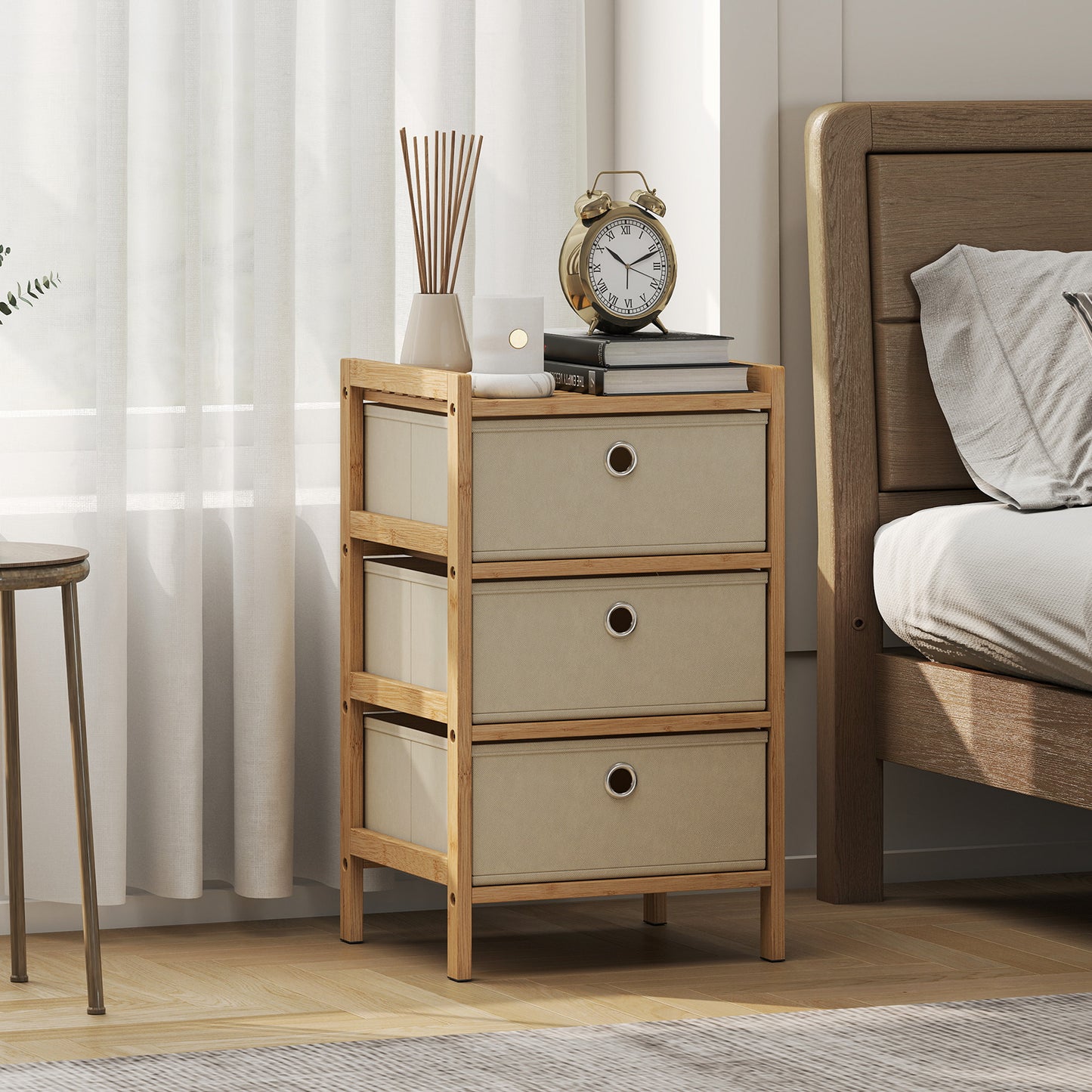 Chest of Drawers, 3 Fabric Drawers Narrow Dresser with Bamboo Frame, Cream White