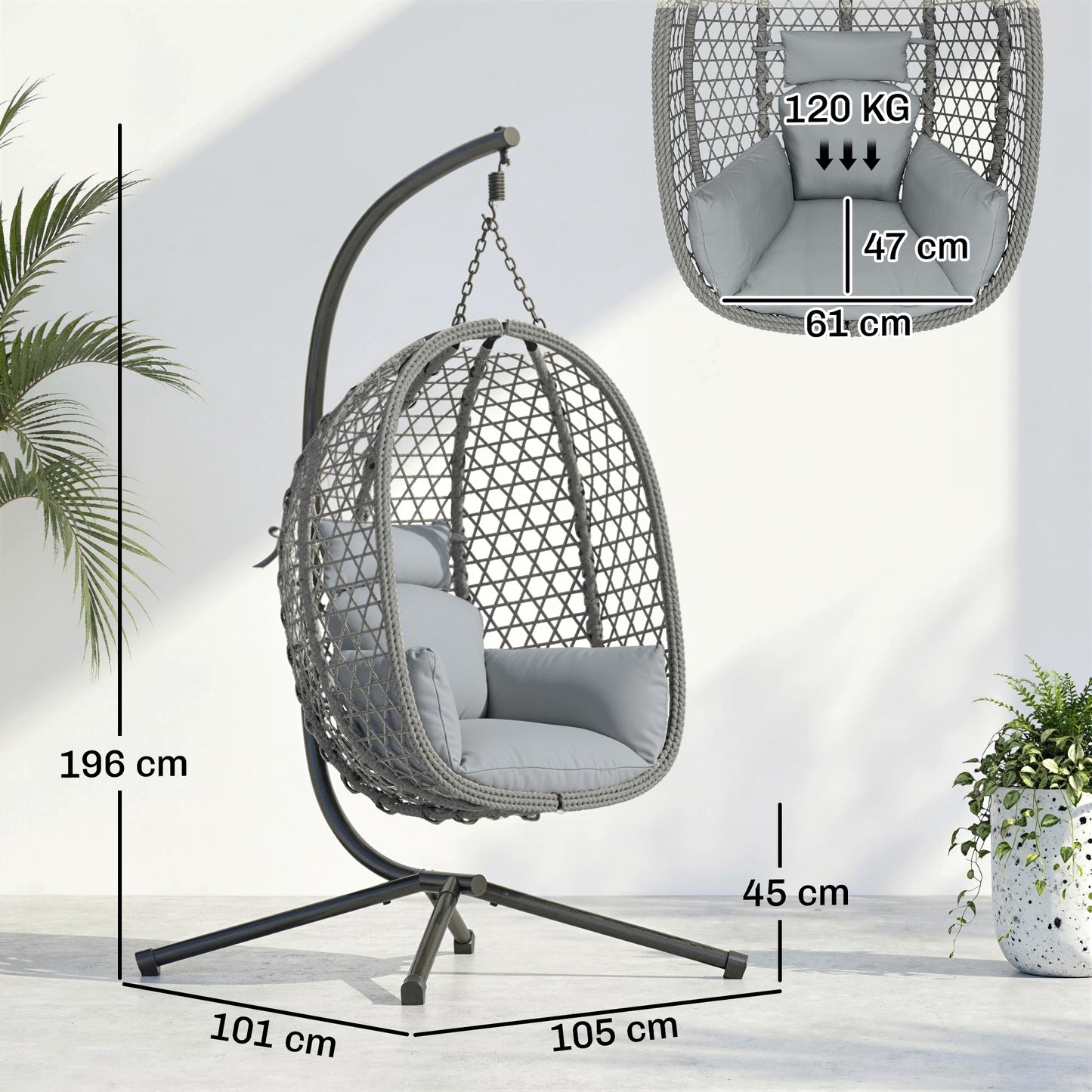 Hanging Egg Chair, Indoor Outdoor Rattan Hammock Swing Chair with Stand, Safety Strap, Foldable Basket, Dark Grey