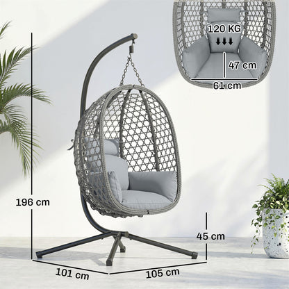 Hanging Egg Chair, Indoor Outdoor Rattan Hammock Swing Chair with Stand, Safety Strap, Foldable Basket, Dark Grey