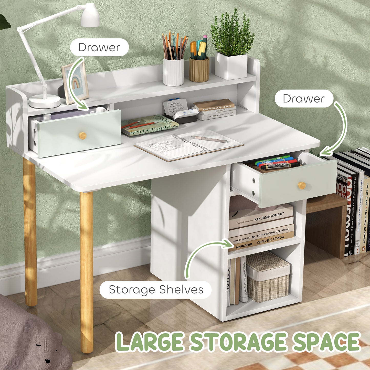 Two-Piece Children Study Table with Hutch, Kids Desk and Chair Set with Storage, Drawer, Shelves, Green