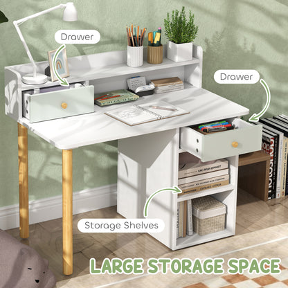 Two-Piece Children Study Table with Hutch, Kids Desk and Chair Set with Storage, Drawer, Shelves, Green