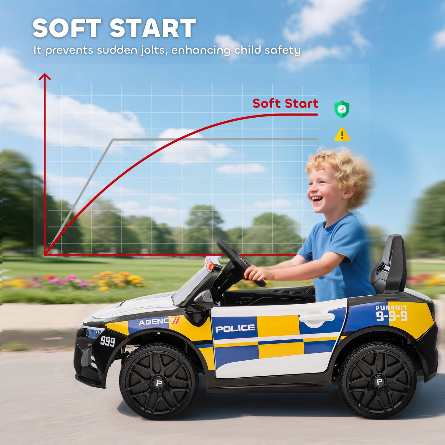 Kids Electric Ride on Police Car with Remote Control, Music, Horn, Siren Flashing Lights for 3-5 Years Old, Multicolour
