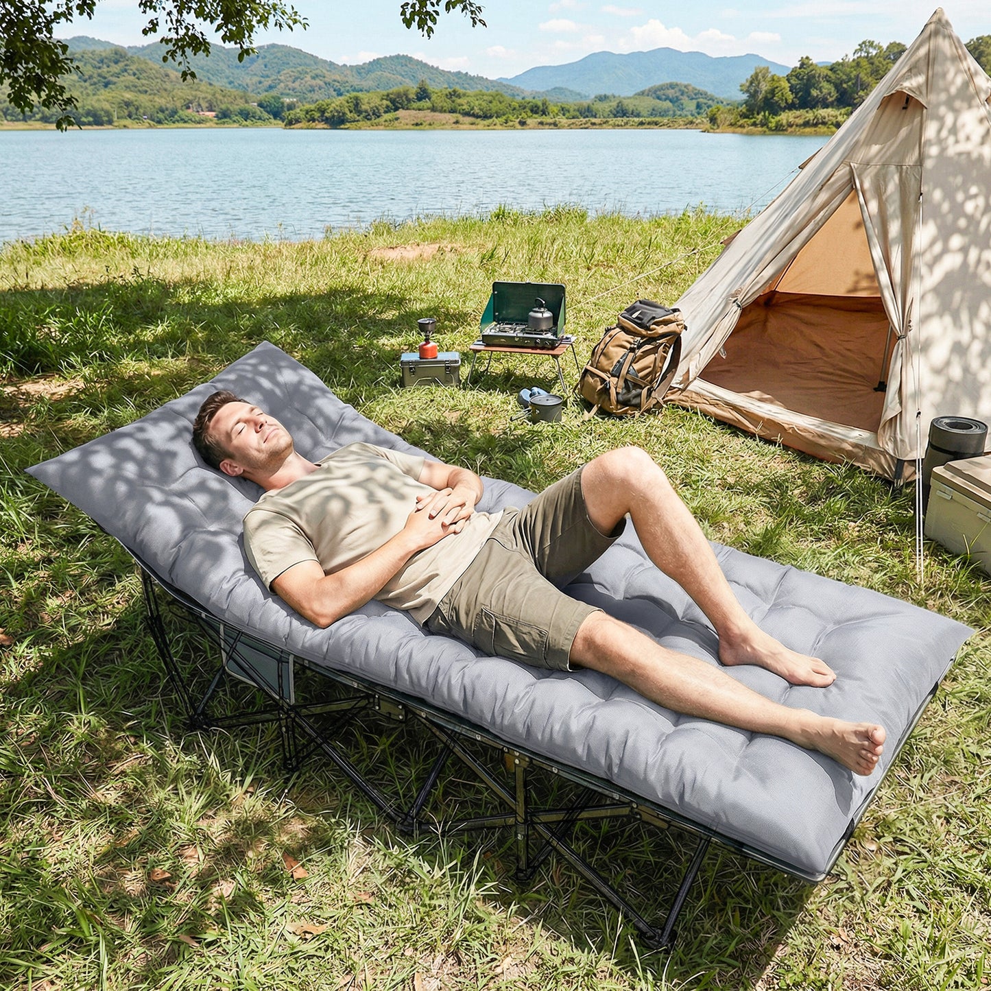 Sleeping Mat, Foldable Camping Mattress Pad with Elastic Straps, Light Grey
