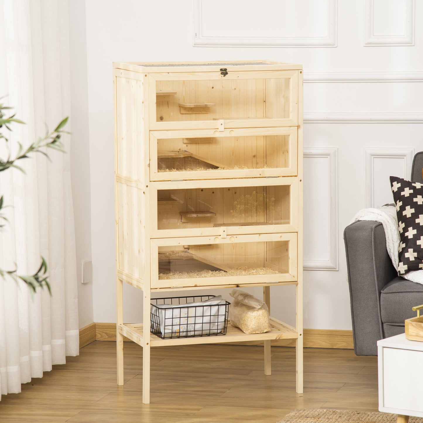 Wooden Large Hamster Cage, Gerbil Cage 4 Layers with Tall Bottom & Storage Shelf