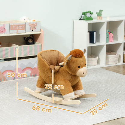 Baby Rocking Horse with Safety Belt, Wood Base, Animal Rocker for Children, Brown
