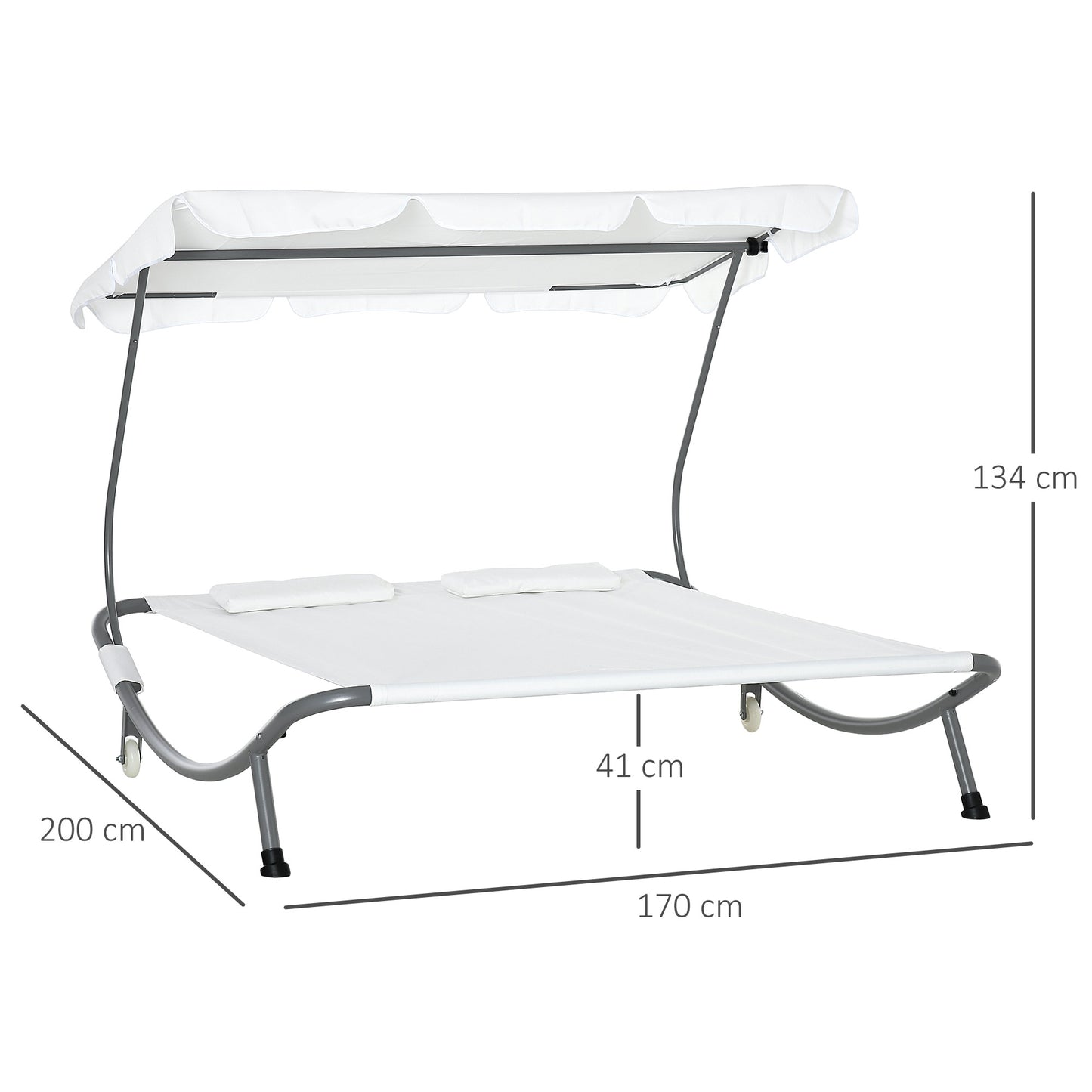 Double Sun Lounger with Adjustable Detachable Canopy, Portable Garden Daybed for 2 with Wheels, Outdoor Sunbed Hammock