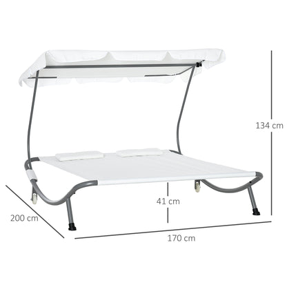 Double Sun Lounger with Adjustable Detachable Canopy, Portable Garden Daybed for 2 with Wheels, Outdoor Sunbed Hammock