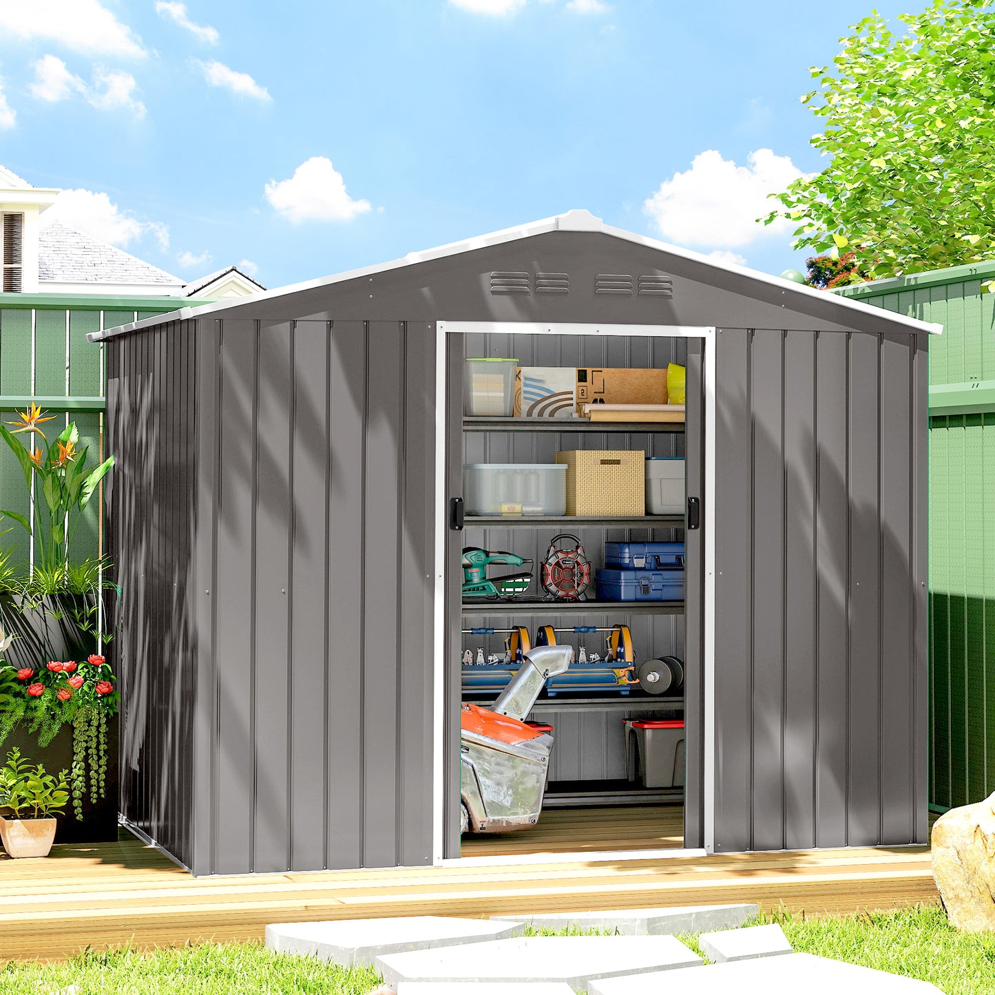 8 x 6ft Galvanised Steel Shed, with Double Door - Light Grey