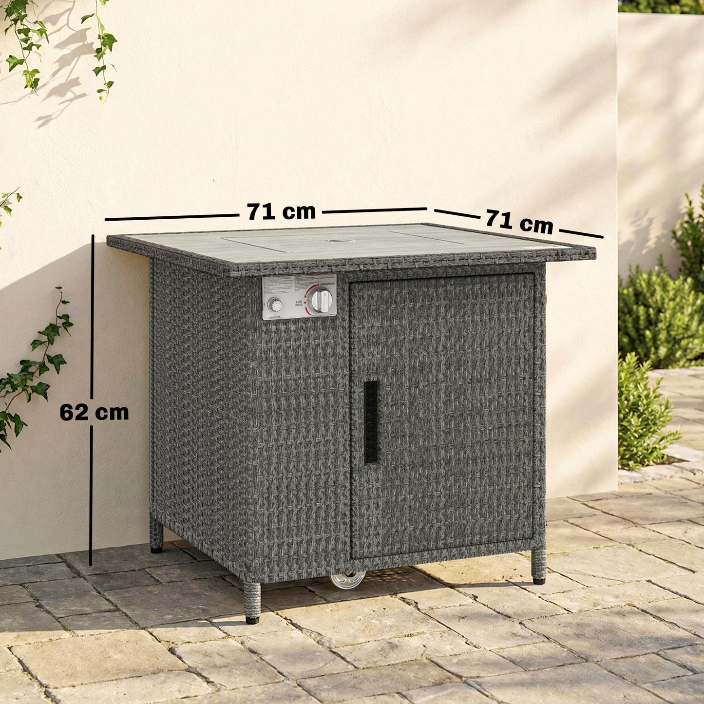 14.5 KW Rattan Gas Fire Pit Dining Table with Rain Cover, Wind Guard, Lid, Lava Rocks, Dark Grey