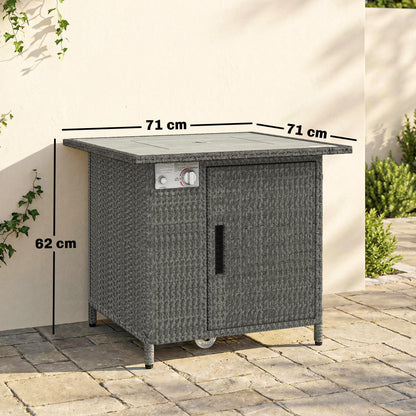 14.5 KW Rattan Gas Fire Pit Dining Table with Rain Cover, Wind Guard, Lid, Lava Rocks, Dark Grey