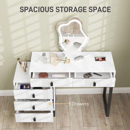 Dressing Table, Vanity Desk with Leaf Shape Mirror, Makeup Table with 5 Drawers, 3-Colour LED Lights, 100x40cm Tabletop