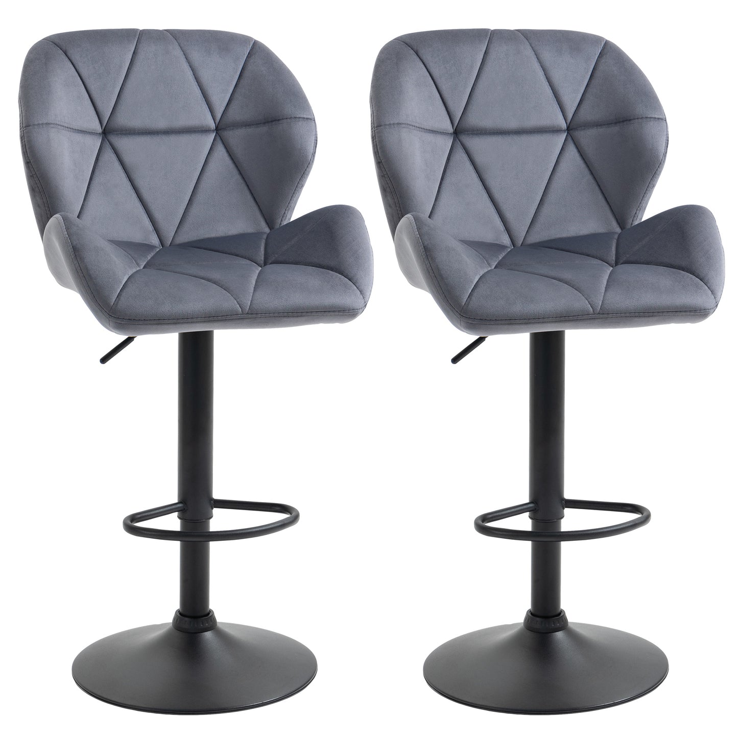 Bar Stools Set Of 2, Luxurious Velvet-Touch Barstools with Metal Frame Footrest Round Base Triangle Indenting Moulded Seat Ad