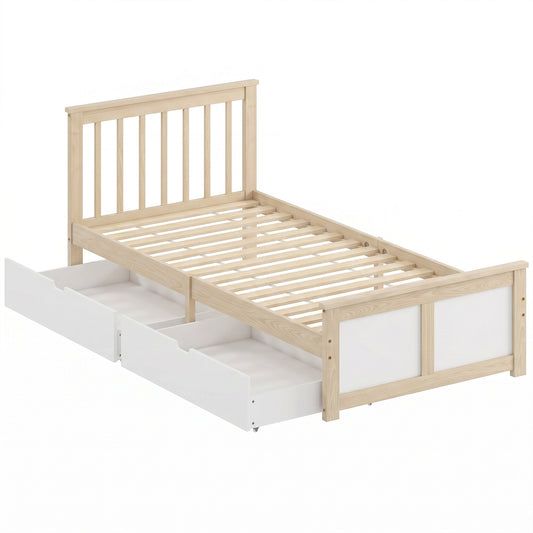 Pine Storage Bed, 3ft Single Solid Wooden Bed Frame with Drawers, Headboard, Wood Slat Support, Natural Wood Finish