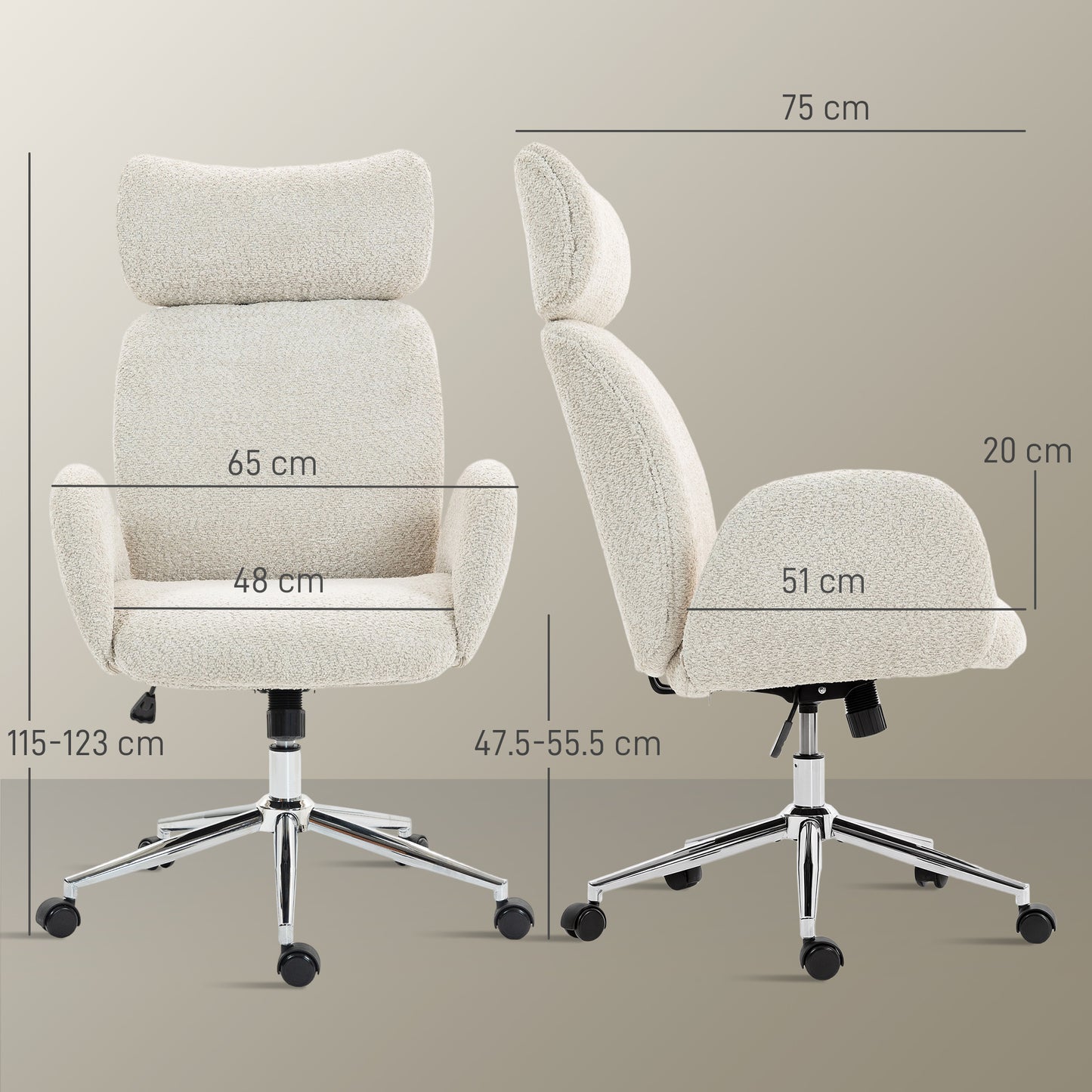 Office Chair with Adjustable Headrest, Spring Pack, Curved Line, Boucle Fabric - Pale Grey