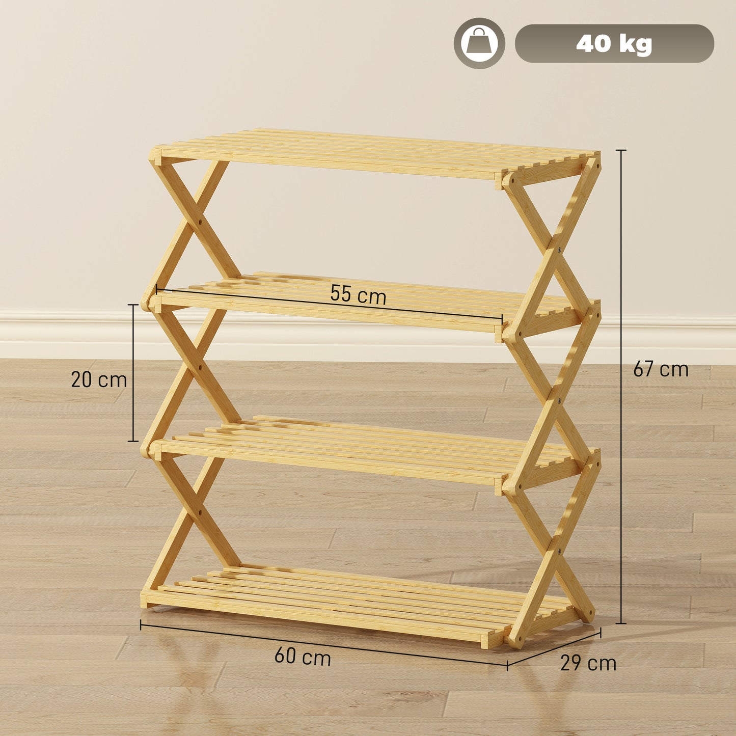 Four-Tier Folding Bamboo Shoe Rack - Natural Finish