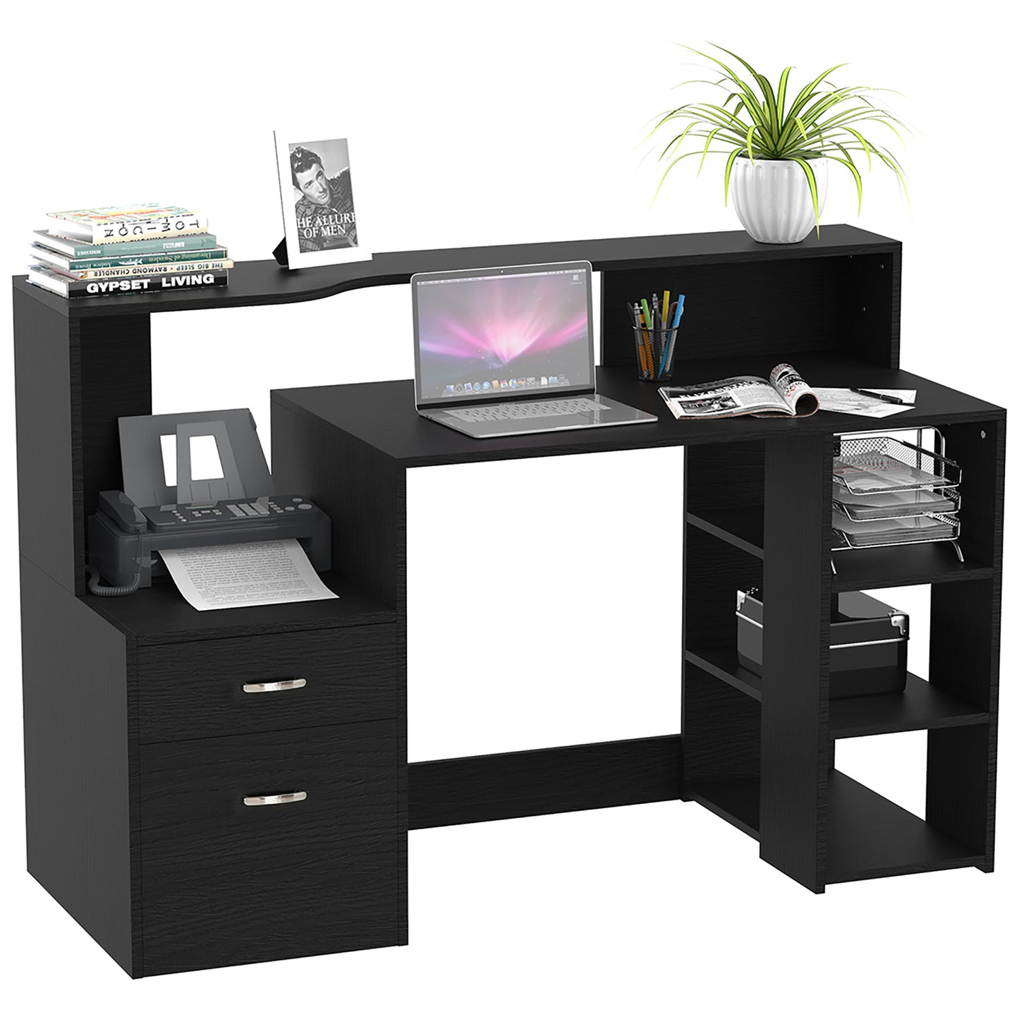Computer Desk with Drawers and Storage Shelves, Office Desk Writing Table with Printer Stand, Black
