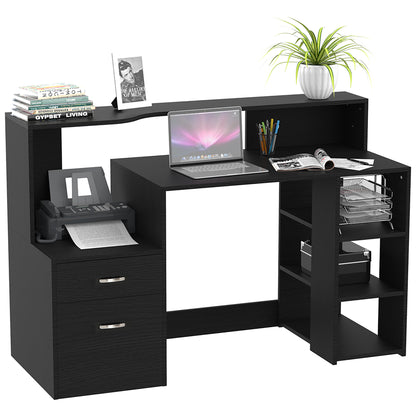 Computer Desk with Drawers and Storage Shelves, Office Desk Writing Table with Printer Stand, Black