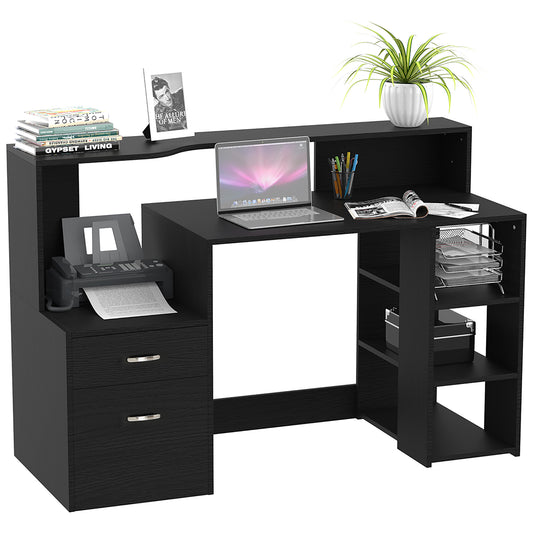Computer Desk with Drawers and Storage Shelves, Office Desk Writing Table with Printer Stand, Black