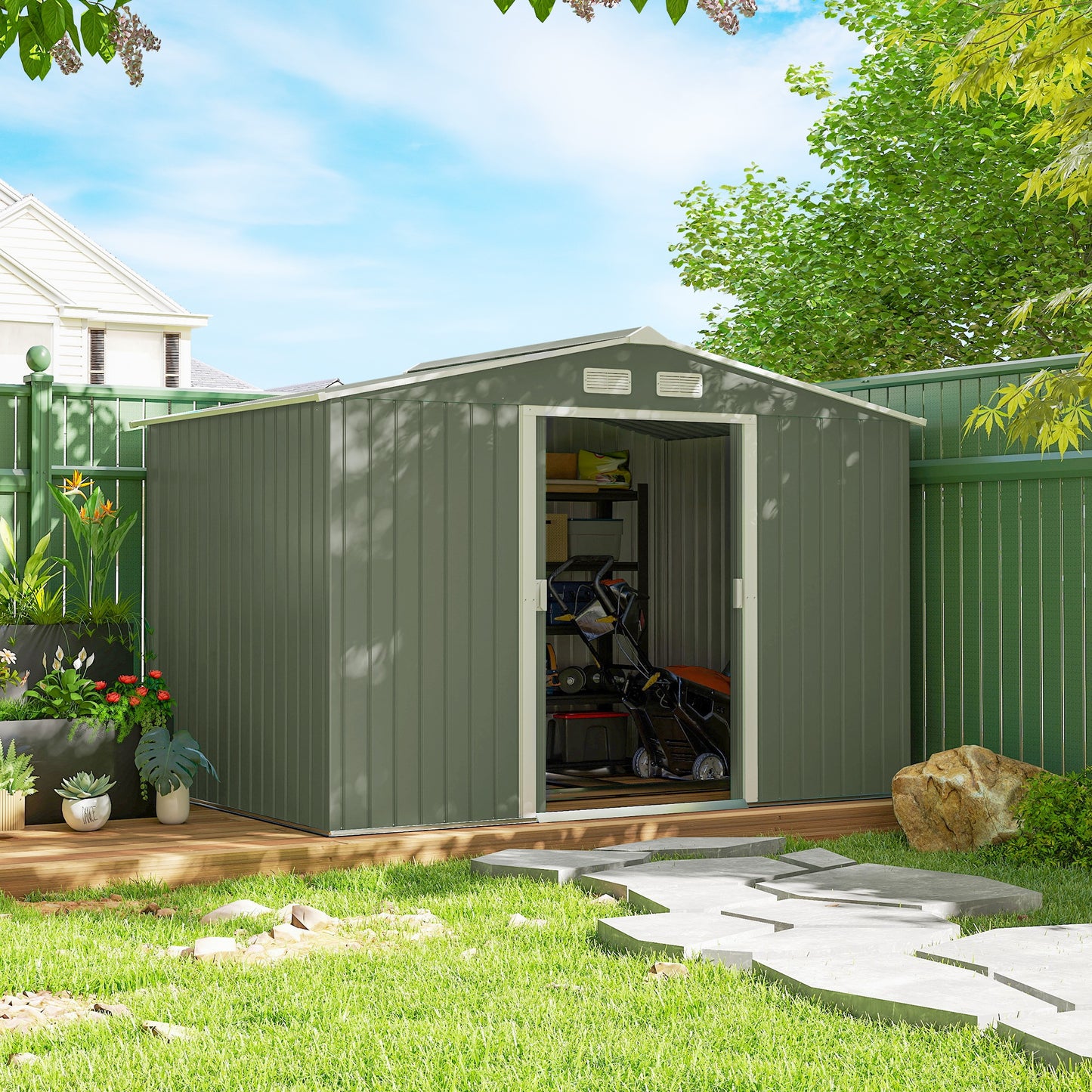 9 x 6ft Metal Garden Shed, Waterproof Outdoor Bike Storage Shed Galvanised with Vents, Foundation Kit