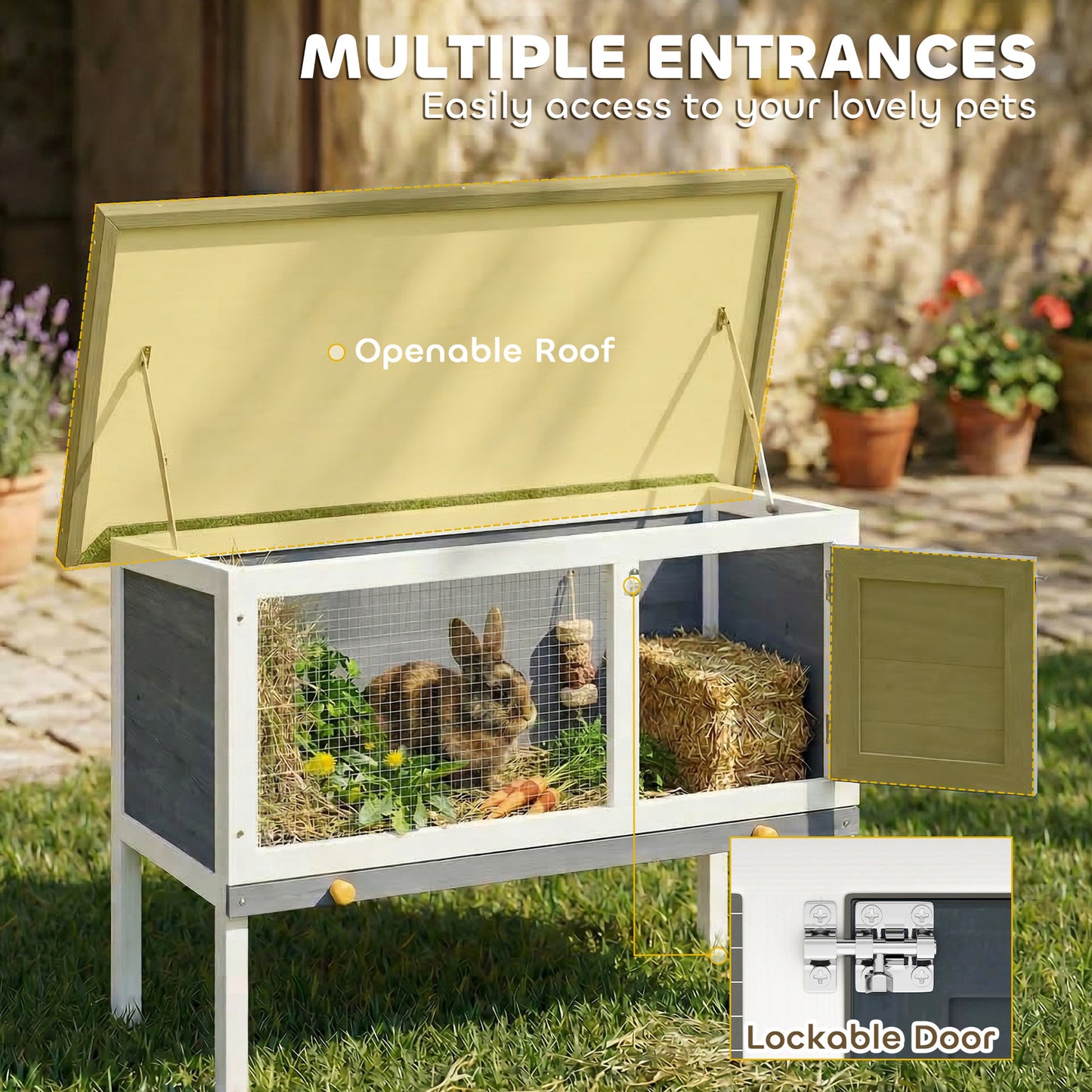 Wooden Rabbit Hutch, Guinea Pig Hutch with Asphalt Roof, Outdoor Elevated Bunny House for Rabbits, Chinchillas