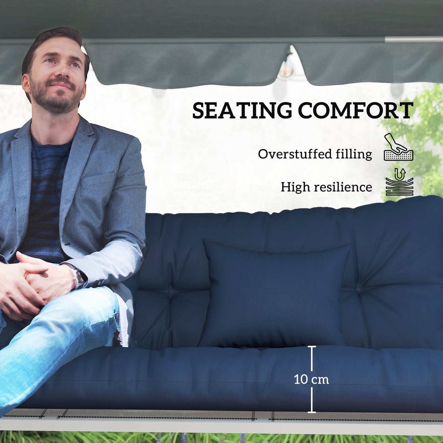 Outdoor Seat Cushions Back Cushion with 2 Pillows, Water Repellent Seat Pads for 3-Seater Chair, Dark Blue