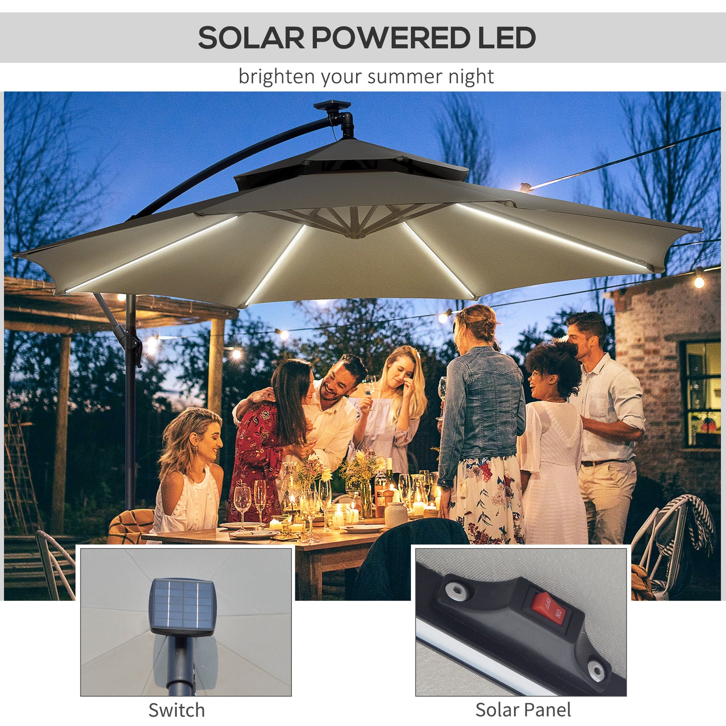 3(m) Cantilever Banana Parasol Hanging Umbrella with Double Roof, LED Solar lights, Crank