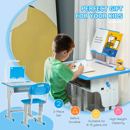 Kids Desk and Chair Set Adjustable Height Study Table Set with Drawer, Book Stand, Pen Slot - Blue
