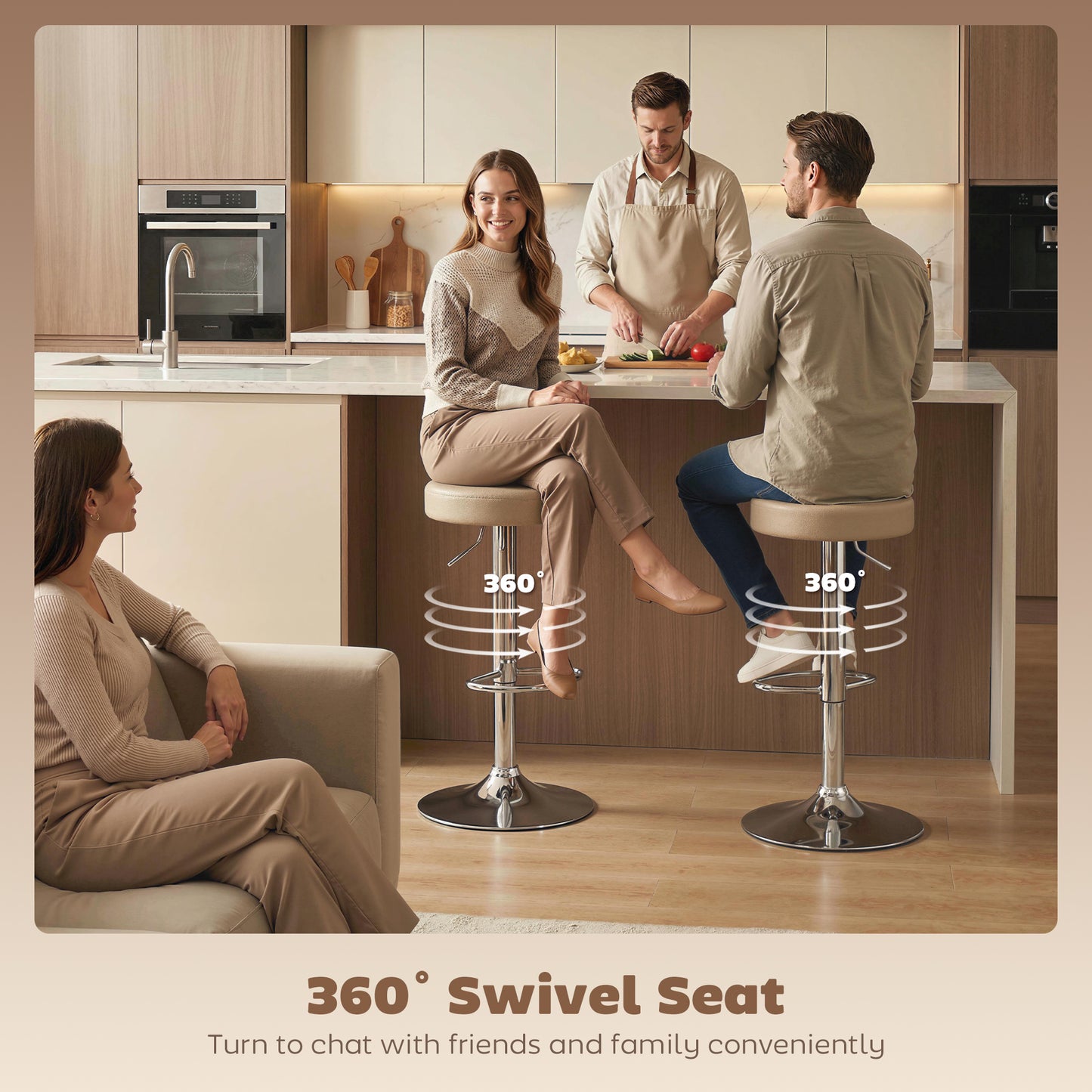 Bar Stools Set of 2, Modern PU Leather Swivel Barstools, Height Adjustable Breakfast Bar Chairs with Footrest, Brown