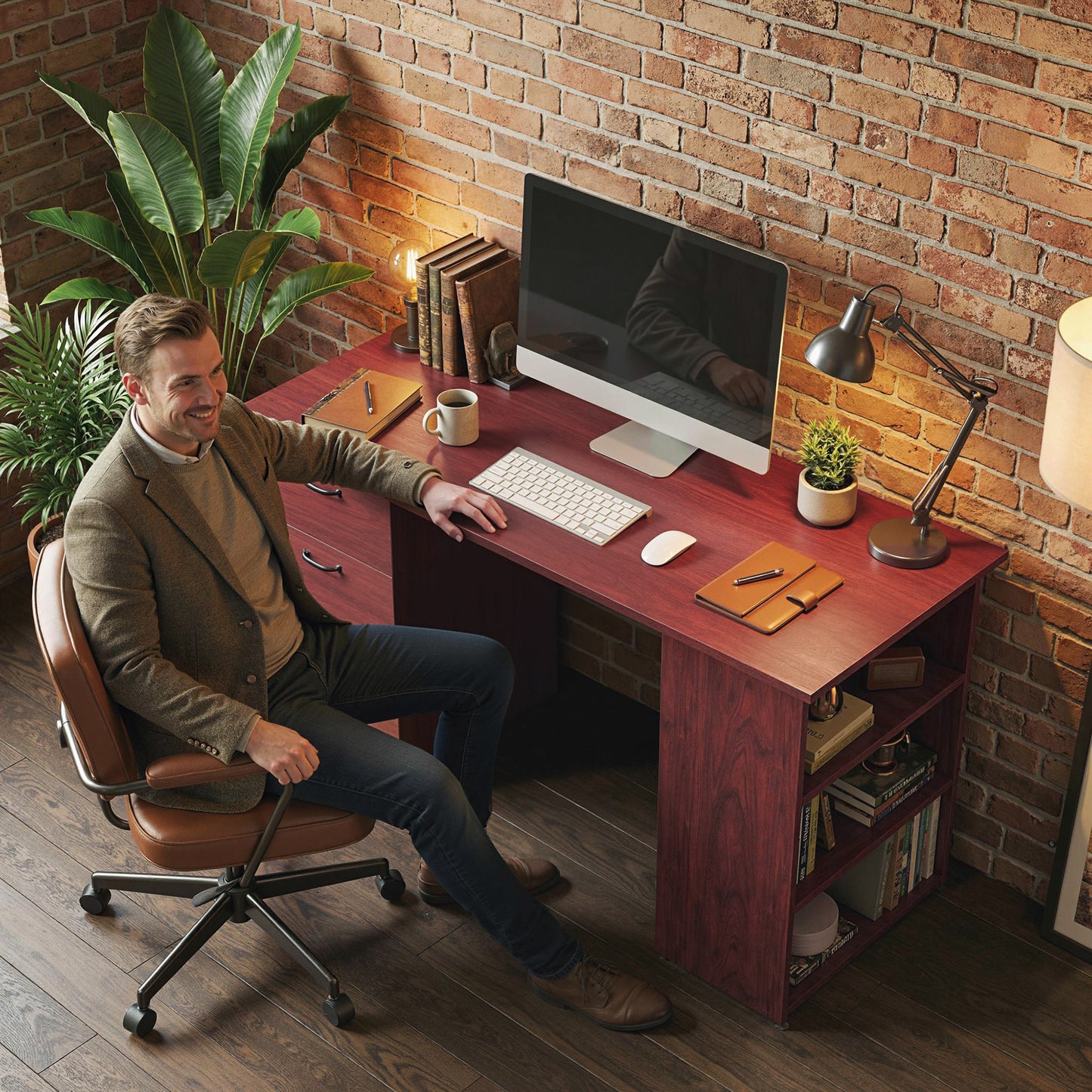 Computer Desk, Writing Table, PC Workstation with 3 Storage Shelves and Drawers, Handle, for Home Office, Walnut Brown
