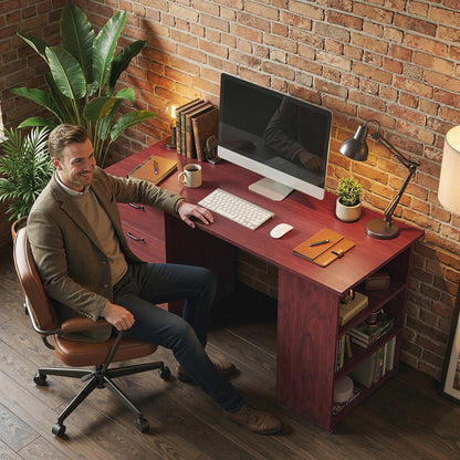 Computer Desk, Writing Table, PC Workstation with 3 Storage Shelves and Drawers, Handle, for Home Office, Walnut Brown