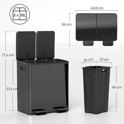 40L Dual Compartment Stainless Steel Bin, with Deodoriser Holders - Glossy Black
