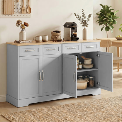 Sideboard Buffet Cabinet, 140 cm Kitchen Storage Cabinet with 4 Drawers, 4 Doors and 2 Adjustable Shelves, Grey