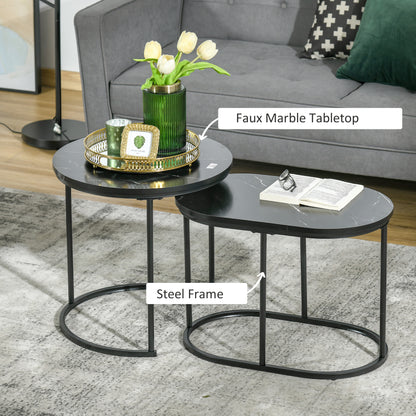 Nest of Tables with Steel Frame and Faux Marble Tabletop, Modern Coffee Table Set of 2, Black/White