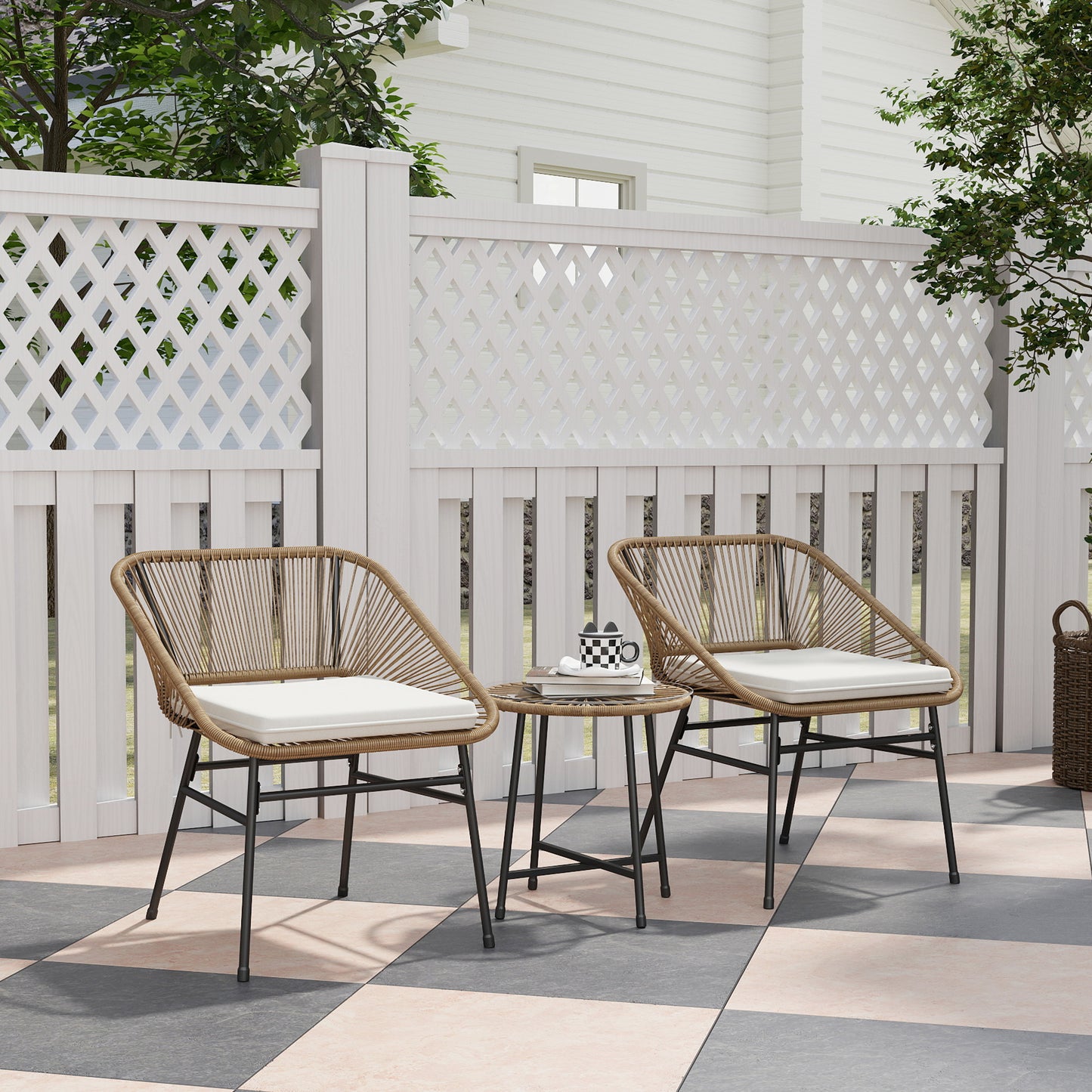 3 Pieces Rattan Bistro Set, Wicker Small Garden Table and Chairs Set with Cushions and Glass Top Coffee Table