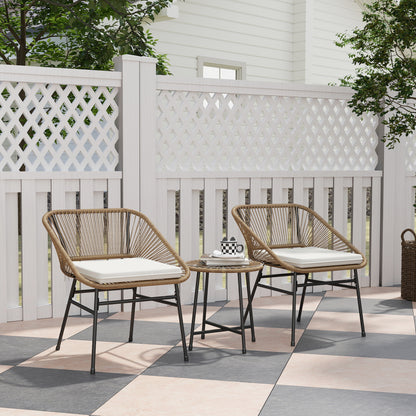 3 Pieces Rattan Bistro Set, Wicker Small Garden Table and Chairs Set with Cushions and Glass Top Coffee Table