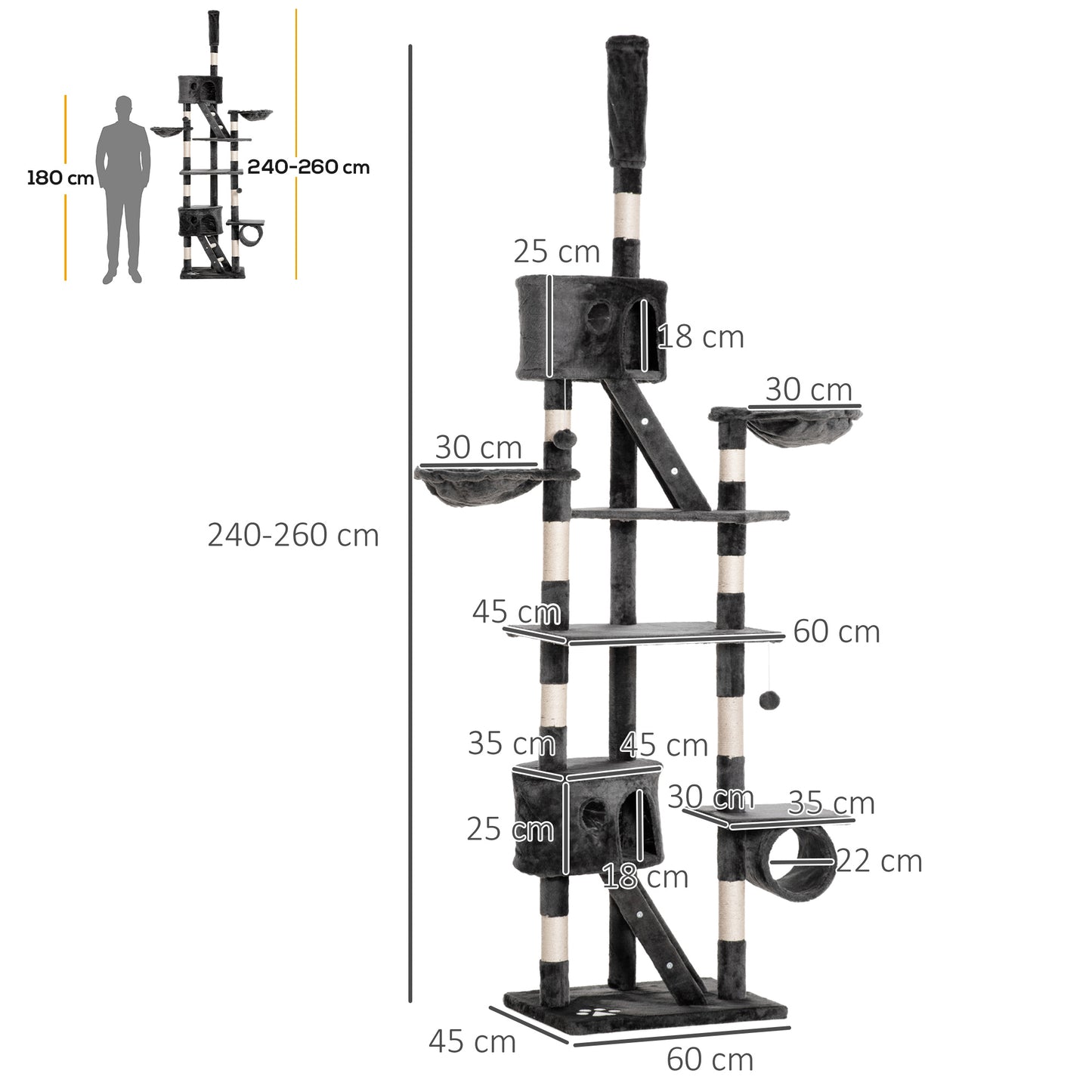 Floor-to-Ceiling Cat Tree for Indoor Cats, 240-260cm Adjustable Cat Tree - Dark Grey
